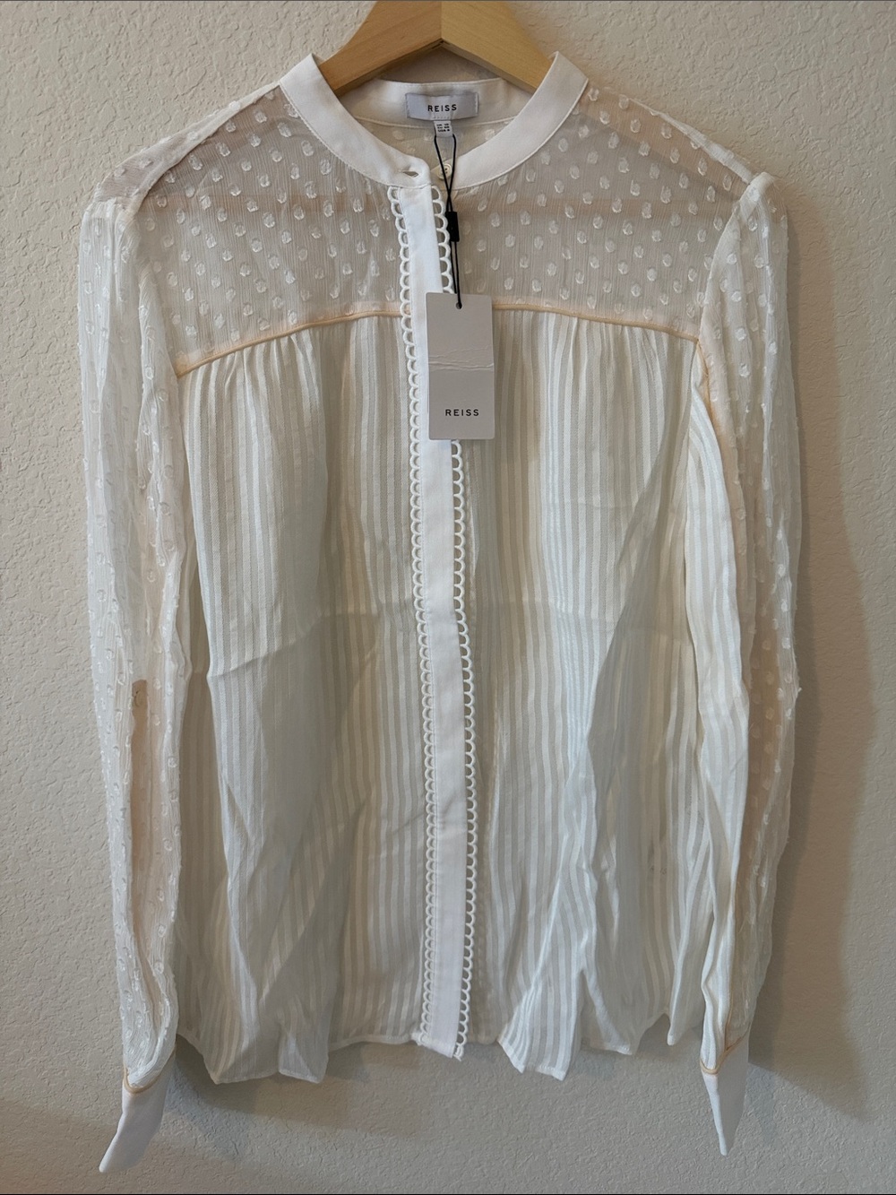 Reiss Cora Ivory Semi Sheer Dobby Pintuck Shadow Stripe Button-Down Blouse